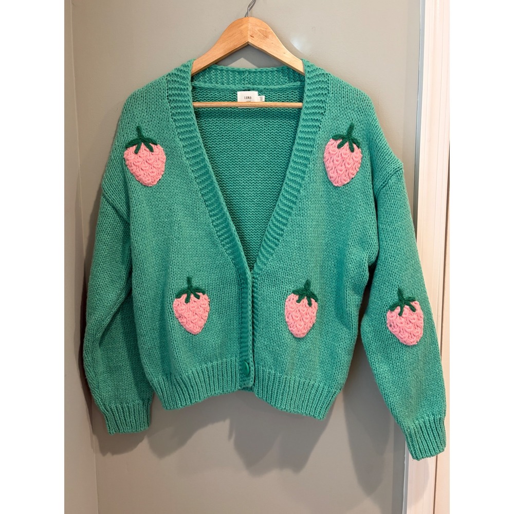 Luna Ivy Teal Green Strawberry Crochet Knit Cardigan Sweater XS CA9525